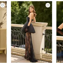 Trzy kobiety prezentują eleganckie suknie wieczorowe: szarą koronkową, czarną z tiulową spódnicą i czerwoną zdobioną kryształkami.