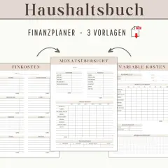 Ein Haushaltsbuch mit Vorlagen für Fixkosten, variable Ausgaben und Monatsübersicht. Hilft bei der Finanzplanung.