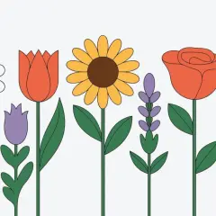 Ilustracja z kolorowymi kwiatami: stokrotka, tulipan, słonecznik, lawenda, róża i niezapominajka.