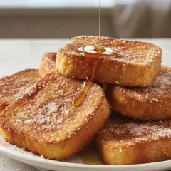 Torrijas de leche doradas y crujientes, espolvoreadas con azúcar y canela, con un hilo de miel cayendo sobre ellas.
