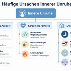 Ursachen für innere Unruhe: psychische Auslöser (Stress, Angst, Depression, Trauma), körperliche Faktoren (Hormone, Nährstoffe, Entzündungen) und Lifestyle (Schlaf, Koffein, Medikamente, Lärm).