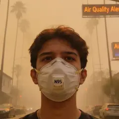 Joven con mascarilla N95 en día de alerta de calidad del aire. El **pm2.5 que es** un contaminante peligroso, se ve en el aire denso.