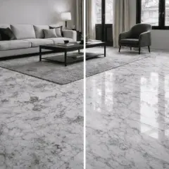 Un elegante soggiorno con un divano bianco e un tavolino, il tutto su una splendida scanalatura del marmo che riflette la luce.