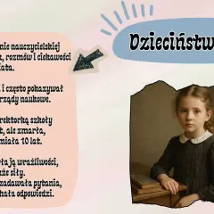 Portret młodej Marii Skłodowskiej w ciemnej sukience, siedzącej przy biurku z książkami.