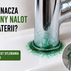Zielony osad na kranie to efekt utleniania miedzi. Widać go wokół podstawy baterii i na jej elementach.