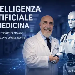 Un medico stringe la mano a un robot, simboleggiando l'intelligenza artificiale e medicina. Un futuro di collaborazione affascinante.