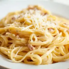 Pyszne spaghetti carbonare z kremowym sosem, boczkiem i startym parmezanem. Idealne danie dla miłośników włoskiej kuchni.