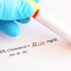 Wynik HDL-Cholesterolu to 32 mg/dL, co jest niskim wynikiem. Pamiętaj o zdrowym stylu życia, by utrzymać prawidłowy poziom **pitamet**.