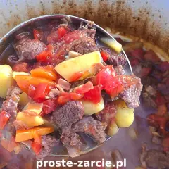 Gulasz z kociołka żeliwnego na ognisku, pełen mięsa, ziemniaków i warzyw, paruje apetycznie.