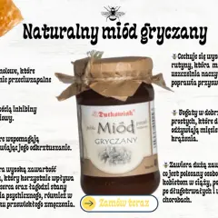 Słoik miodu gryczanego na tle plastrów miodu i kwiatów.