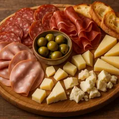 Un invitante tagliere salumi e formaggi con salame, prosciutto, mortadella, olive, formaggi misti e crostini.