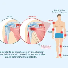 Illustration montrant une épaule normale et une épaule enflammée, avec les zones courantes de tendinites. Pour comment éviter tendinite, il faut comprendre l'inflammation des tendons.