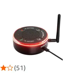 Runder Klingelverstärker für schwerhörige mit Tasten für Anrufannahme, Ablehnung und Lautstärke. Mit Antenne und roter LED-Beleuchtung.