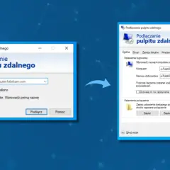 Dwa okna programu "Podłączanie pulpitu zdalnego" z różnymi polami wprowadzania danych.