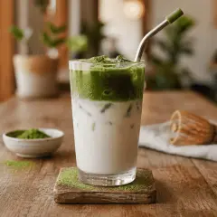 Erfrischender iced matcha mit Milch und Eis, daneben eine Schale Matcha-Pulver und ein Bambusbesen.