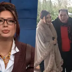 Viki Gabor w eleganckim stroju i rodzina podczas uroczystości, być może ślub.