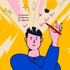 Un uomo con una matita rossa esercita il suo pensiero critico, segnando idee e spuntando compiti tra lampadine luminose.