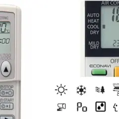 Mandos de aire acondicionado con varios símbolos: sol, copo de nieve, olas, árbol, ventilador, etc.