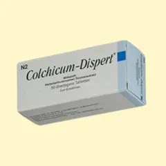 Opakowanie leku Colchicum-Dispert, zawierające 50 tabletek. Kolchicyna to substancja czynna.