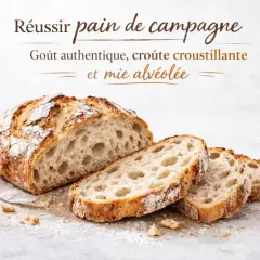 Un pain de campagne artisanal, coupé en tranches, révèle une mie alvéolée et une croûte dorée. L'art de faire du bon pain.
