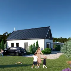 Rodzina cieszy się ogrodem przy nowoczesnym domu 70m2. Dzieci bawią się, dziadek pracuje, a kot spaceruje.