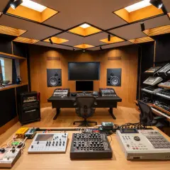 Un studio son professionnel avec des synthétiseurs, une console de mixage et des enceintes.