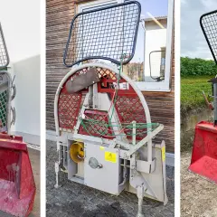 Drei rote Seilwinden mit Schutzgitter und Schaufel. Diese Kupplung Seilwinde ist robust und für schwere Arbeiten im Wald ausgelegt.