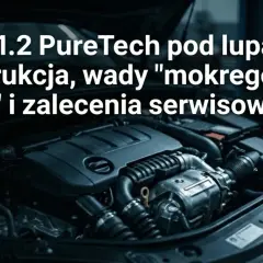 Silnik 1.2 PureTech z otwartą maską, analiza konstrukcji, wad "mokrego paska" i zaleceń serwisowych.