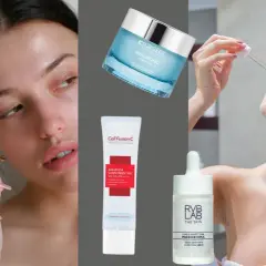 Kobieta stosuje kosmetyki do pielęgnacji, w tym serum i krem, które pomagają łagodzić **skórę reaktywną**.