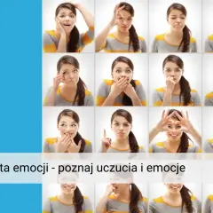 Siatka zdjęć młodej kobiety wyrażającej różne uczucia i emocje: radość, smutek, zdziwienie, złość.