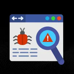 Grafika przedstawia okno przeglądarki z ikoną robaka i lupą wskazującą na ostrzeżenie. To wizualizacja problemu: malware co to jest i jak go wykryć.