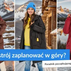 Trzy kobiety prezentują zimowy ubiór w góry: brązową, czarną i czerwoną kurtkę puchową. Idealny strój na górską wyprawę.