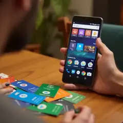 Chcesz wiedzieć, jak doładować konto Google Play Blikiem? Na stole leżą karty podarunkowe, a w ręce trzymasz smartfon z otwartą aplikacją Google Play.