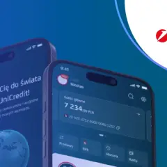 Dwa smartfony prezentujące aplikację bankową UniCredit. Jeden ekran zaprasza do świata bankowości, drugi pokazuje saldo konta.