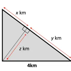 Trójkąty specjalne: prostokątny o bokach 3km i 4km, z wysokością z km i podziałem przeciwprostokątnej na x km i y km.