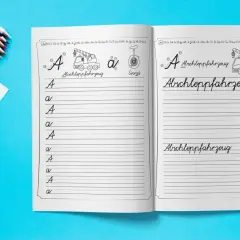 Übungsheft für die vereinfachte schulausgangsschrift mit dem Wort "Abschleppfahrzeug" und dem Buchstaben "A".