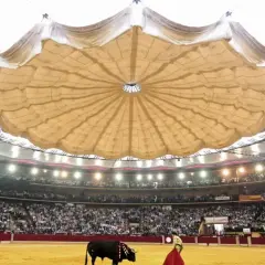 Un torero y un toro en la arena de la plaza de toros La Misericordia, con el público en las gradas y un llamativo techo desplegable.