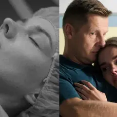 Miłość i śmierć splatają się w dramatycznym uścisku. Kobieta w czepku, jakby w stanie spoczynku, obok mężczyzny tulącego ją z bólem.