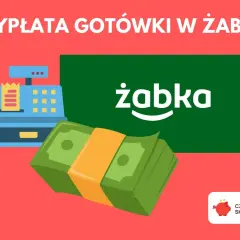 Wypłata gotówki w Żabce jest możliwa. Grafika przedstawia kasę fiskalną, banknoty i logo Żabki.
