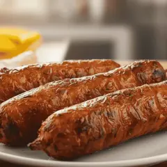 Trois andouillettes grillées sur une assiette blanche.