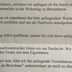 Brief zur jährlichen Wartung der Rauchwarnmelder. Bei Selbstausführung sparen Sie Kosten. Defekte Geräte bitte melden.