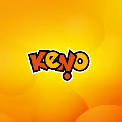 Logo "Keno!" na pomarańczowym tle z okręgami. Ciesz się emocjami keno na żywo!