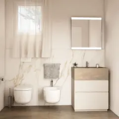 Bagno moderno con WC, bidet e mobile lavabo. Ideale per chi cerca ispirazione su come posare piastrelle bagno con finiture marmorizzate.