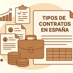 Documentos, maletín y monedas ilustran qué tipos de contratos hay en España, con gráficos de barras y listas.