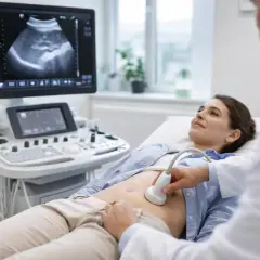 Kobieta leży na kozetce podczas badania USG brzucha. Lekarz przykłada głowicę aparatu do jej brzucha, a na monitorze widoczny jest obraz narządów.