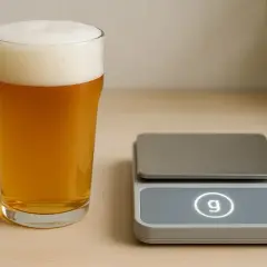 Un verre de bière ambrée avec une mousse épaisse à côté d'une balance numérique. La balance affiche le symbole "g", suggérant une mesure pour savoir 1 bière = combien de grammes d'alcool.