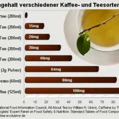 Koffeingehalt: Kräutertee 0mg, Weißer Tee 15mg, Grüner Tee 20mg, Oolong 30mg, Schwarzer Tee 40mg, Matcha 64mg. Kaffee hat mehr Koffein. Tee statt Kaffee ist eine gute Wahl!