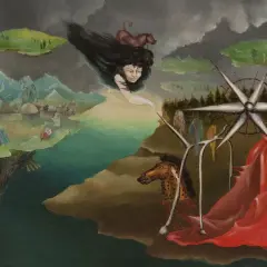 Paysage onirique d'artistes surréalistes : une tête de femme aux longs cheveux noirs flotte, un cheval tacheté, une robe rouge et une créature aquatique étrange.