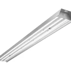 Długie, metalowe lampy do kanału samochodowego, z czterema rzędami białych, świecących świetlówek LED, idealne do warsztatu.