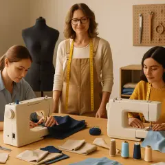 Trois femmes apprennent la couture dans un atelier. L'une d'elles, l'instructrice, sourit.